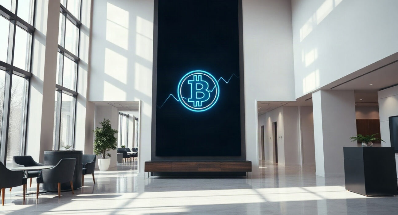 Digital display showing Bitcoin symbol in modern corporate lobby representing Strive's treasury holdings