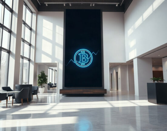 Digital display showing Bitcoin symbol in modern corporate lobby representing Strive's treasury holdings
