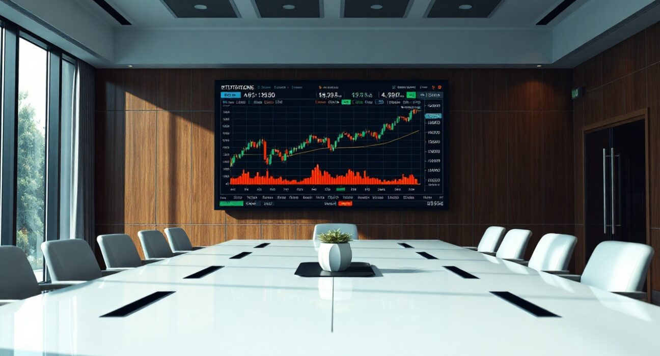 Strive corporate boardroom with Bitcoin price chart on screen, illustrating treasury management challenges