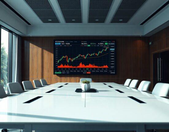 Strive corporate boardroom with Bitcoin price chart on screen, illustrating treasury management challenges