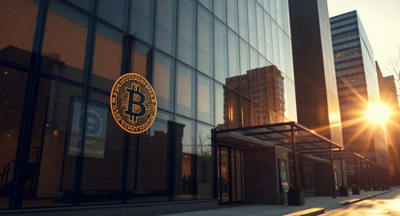 Corporate building exterior with subtle Bitcoin symbol reflection, representing institutional Bitcoin investment