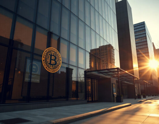Corporate building exterior with subtle Bitcoin symbol reflection, representing institutional Bitcoin investment