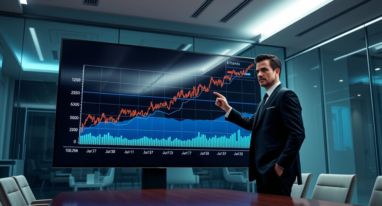 Corporate boardroom with Bitcoin price chart on large screen, executive pointing