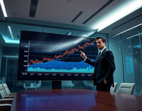 Corporate boardroom with Bitcoin price chart on large screen, executive pointing