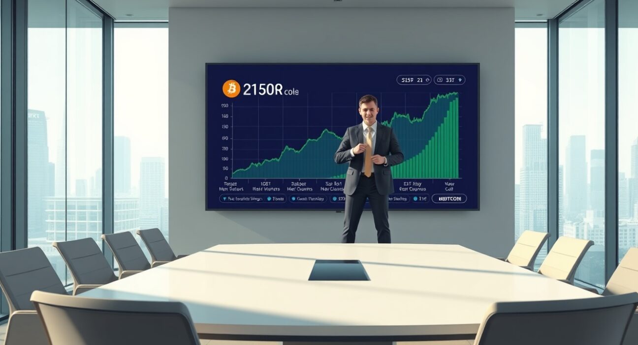 CEO Matt Cole in a boardroom pointing at a Bitcoin price chart on a large screen, representing Strive's latest BTC purchase.