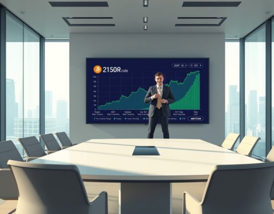 CEO Matt Cole in a boardroom pointing at a Bitcoin price chart on a large screen, representing Strive's latest BTC purchase.
