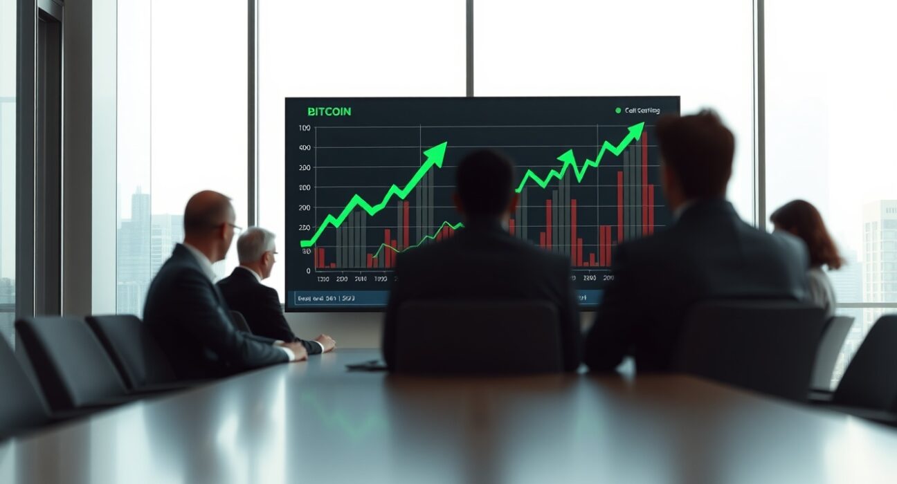 Corporate boardroom with Bitcoin price chart on digital screen