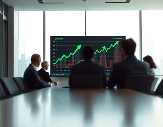 Corporate boardroom with Bitcoin price chart on digital screen