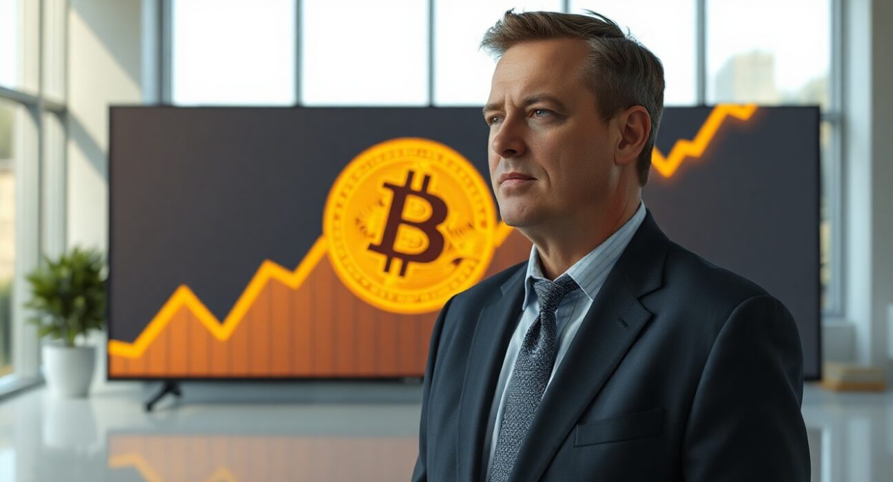 Strive CEO Jeff Walton in a modern office with a Bitcoin chart on screen in background