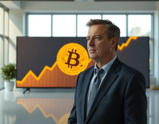 Strive CEO Jeff Walton in a modern office with a Bitcoin chart on screen in background