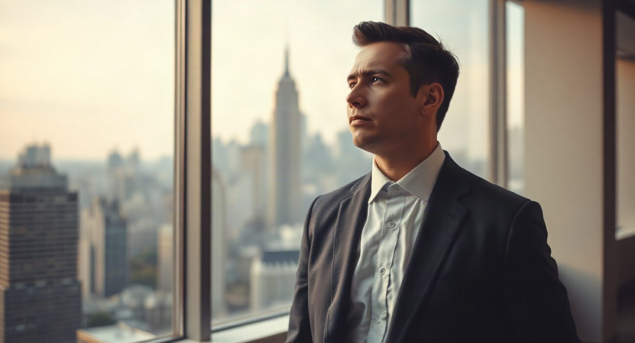 Strive CEO Matt Cole in office with city skyline, symbolizing Bitcoin price forecast