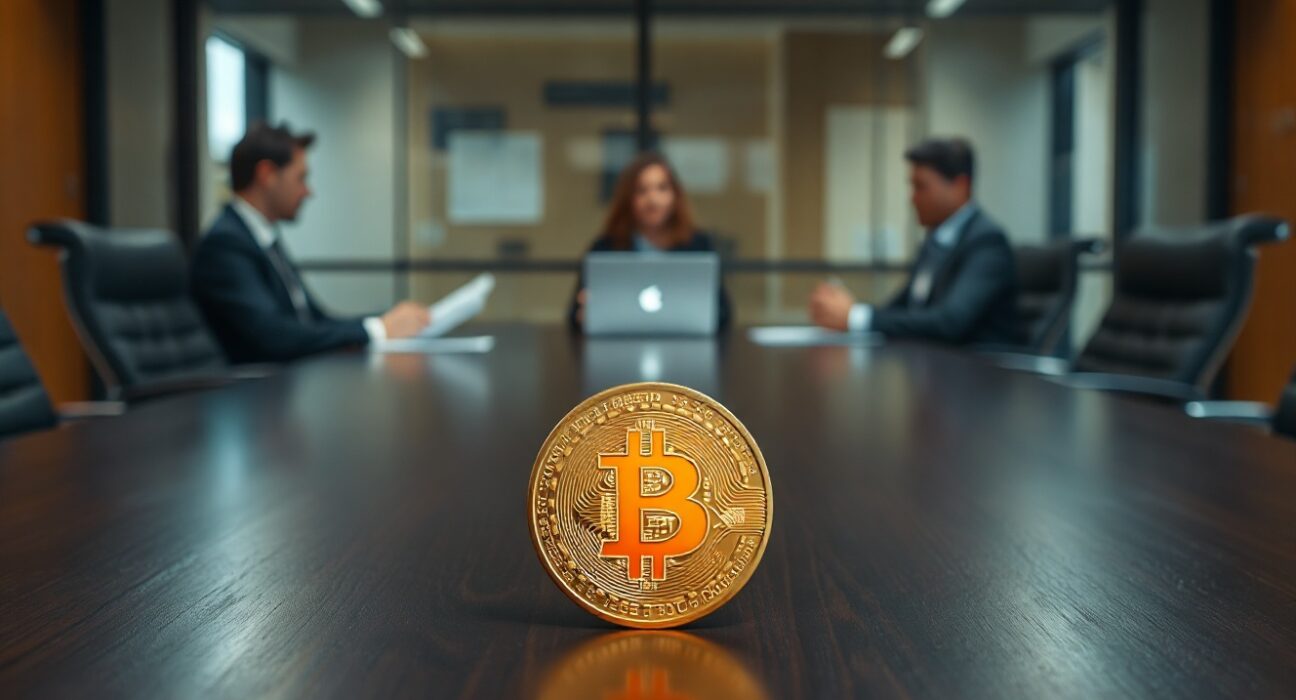 A Bitcoin coin on a boardroom table, with blurred professionals in background