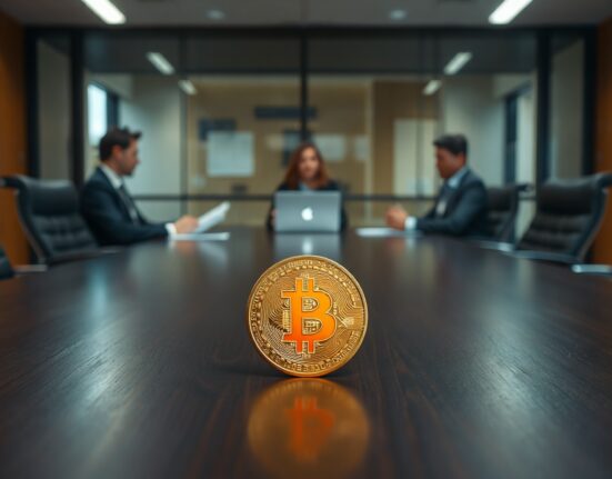 A Bitcoin coin on a boardroom table, with blurred professionals in background