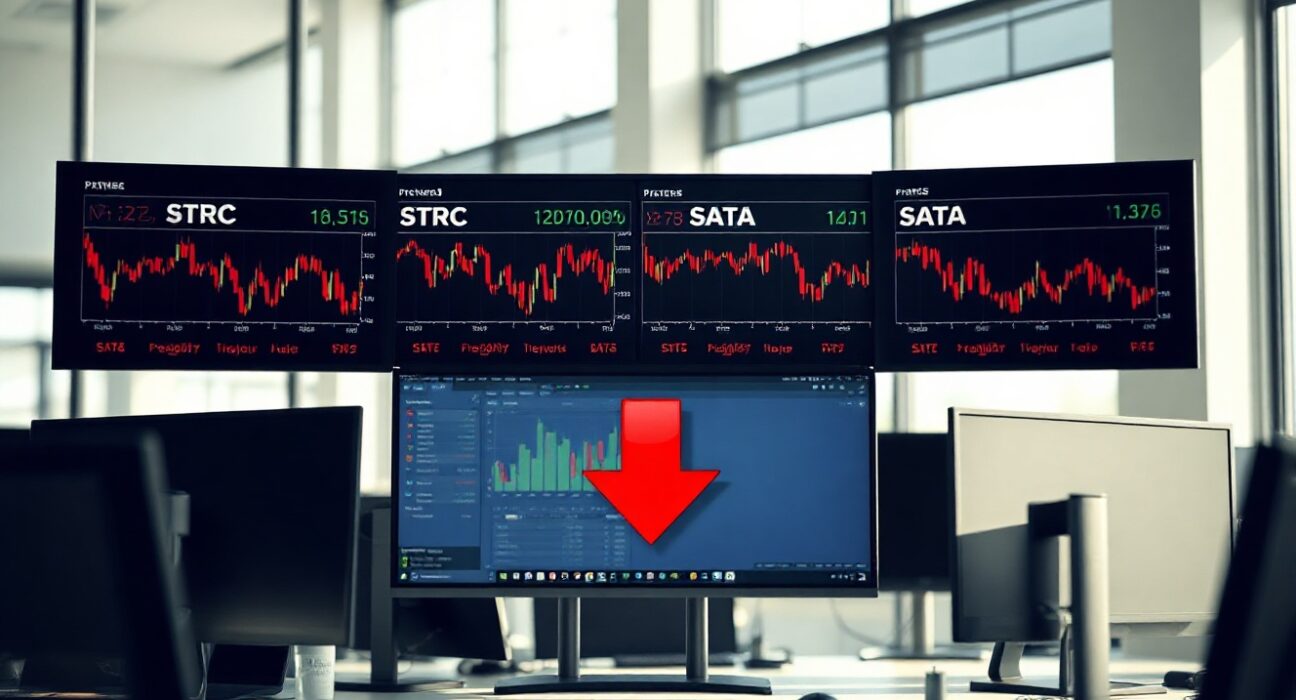 Financial trading monitors showing STRC and SATA stock charts with a downward trend.