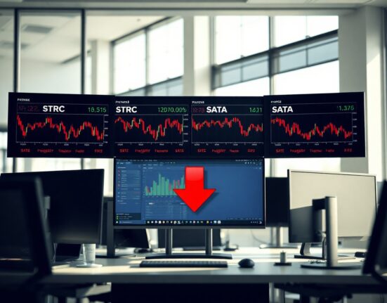 Financial trading monitors showing STRC and SATA stock charts with a downward trend.