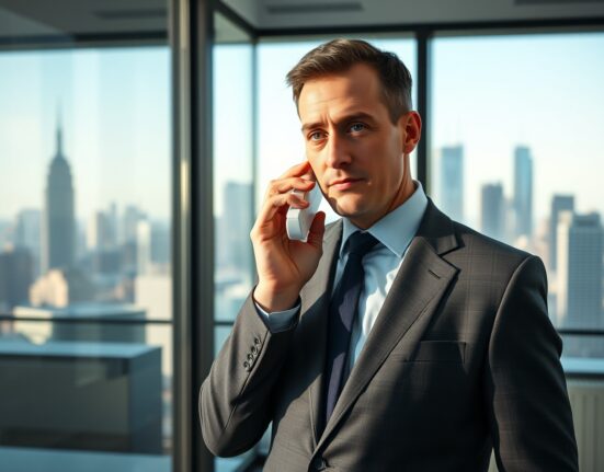 Strive CEO Matt Cole in a modern office, speaking on the phone with a focused expression.