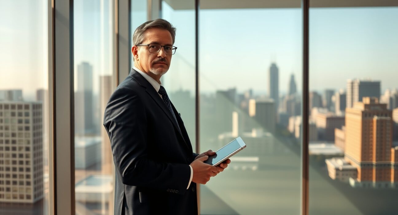 Strive CEO Matt Cole in a modern office reviewing financial data