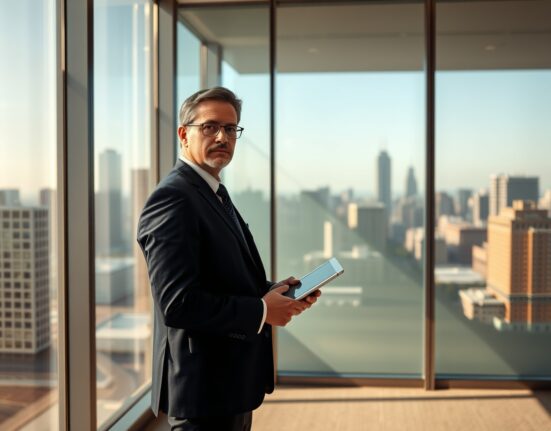 Strive CEO Matt Cole in a modern office reviewing financial data