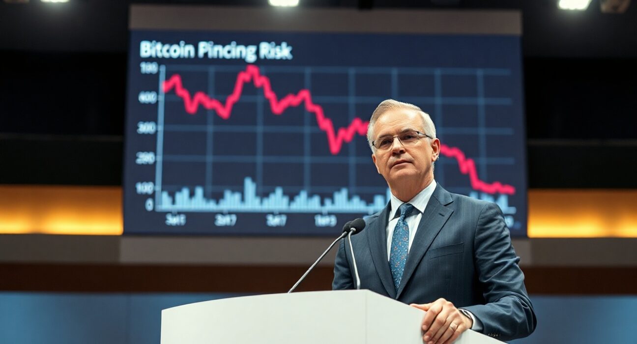 Strive CIO Ben Workman speaking at BTC Prague conference with Bitcoin price chart in background