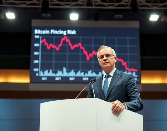 Strive CIO Ben Workman speaking at BTC Prague conference with Bitcoin price chart in background