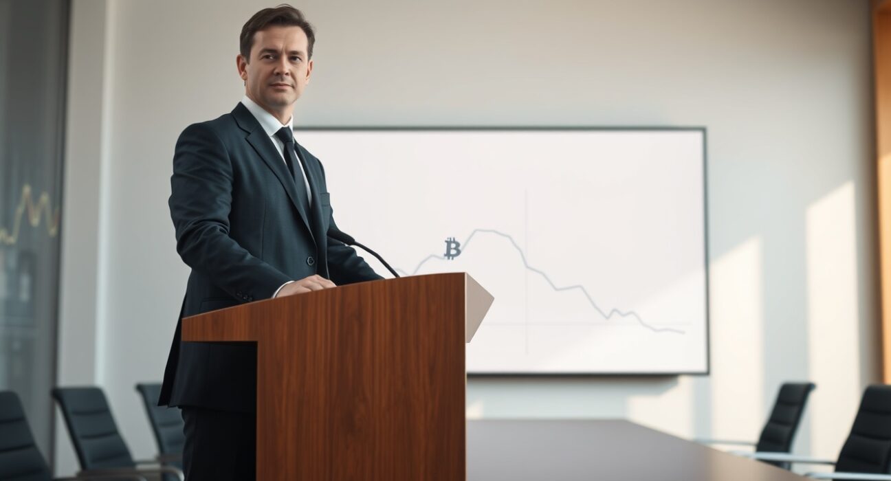 Strive CEO Matt Cole in a boardroom with a Bitcoin-themed growth chart on screen
