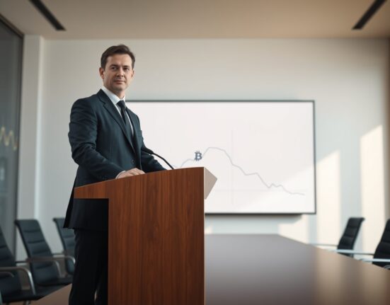 Strive CEO Matt Cole in a boardroom with a Bitcoin-themed growth chart on screen