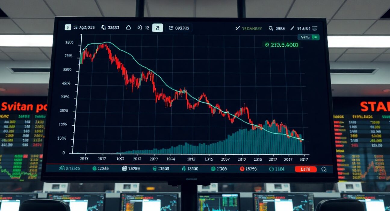 Digital stock chart showing a sharp decline and recovery on a trading floor monitor