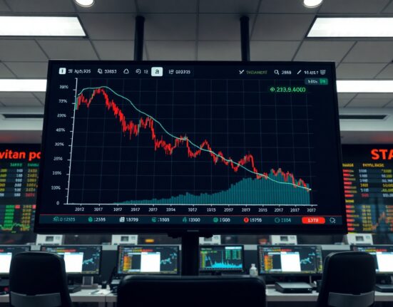 Digital stock chart showing a sharp decline and recovery on a trading floor monitor