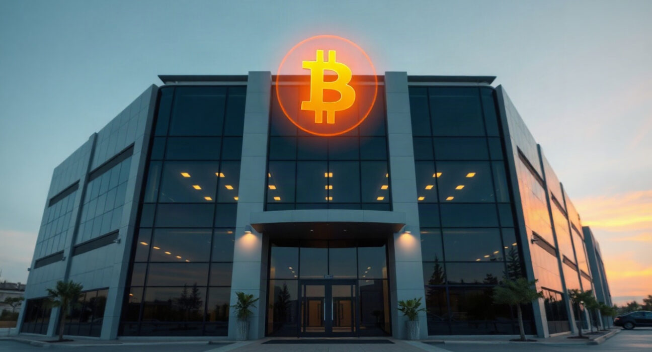 Strive corporate building with Bitcoin symbol overlay, symbolizing market cap growth.