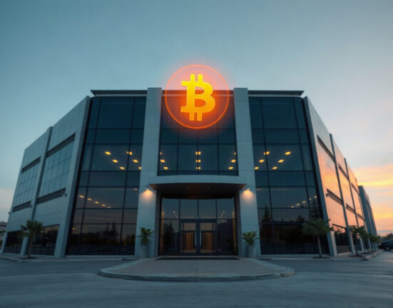 Strive corporate building with Bitcoin symbol overlay, symbolizing market cap growth.