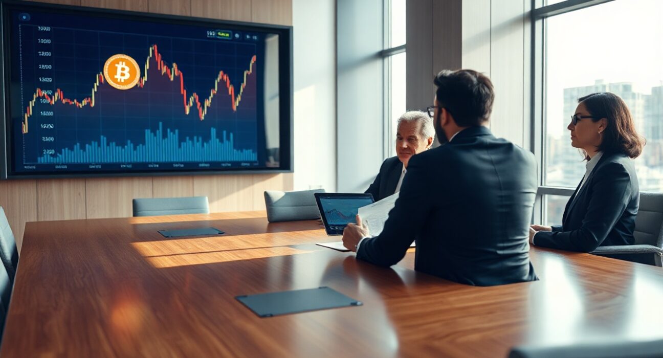 Financial professionals reviewing Bitcoin investment strategy in a modern boardroom with a price chart on screen.