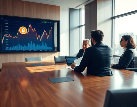 Financial professionals reviewing Bitcoin investment strategy in a modern boardroom with a price chart on screen.