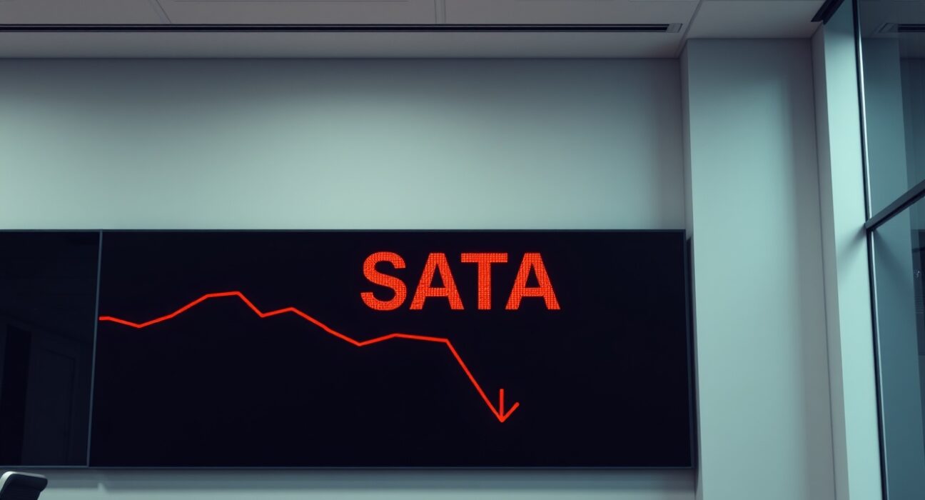 Stock ticker display showing SATA in red, indicating a decline to an all-time low.