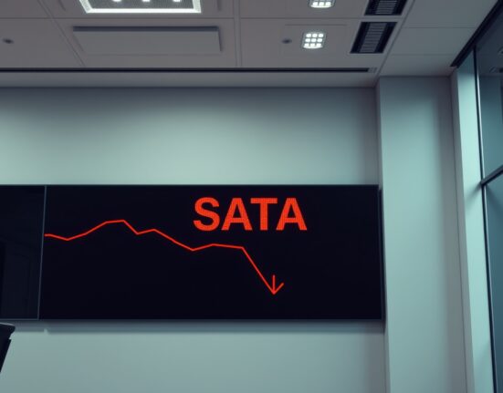 Stock ticker display showing SATA in red, indicating a decline to an all-time low.