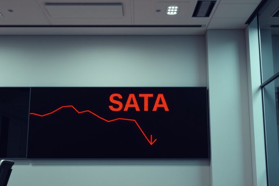 Stock ticker display showing SATA in red, indicating a decline to an all-time low.