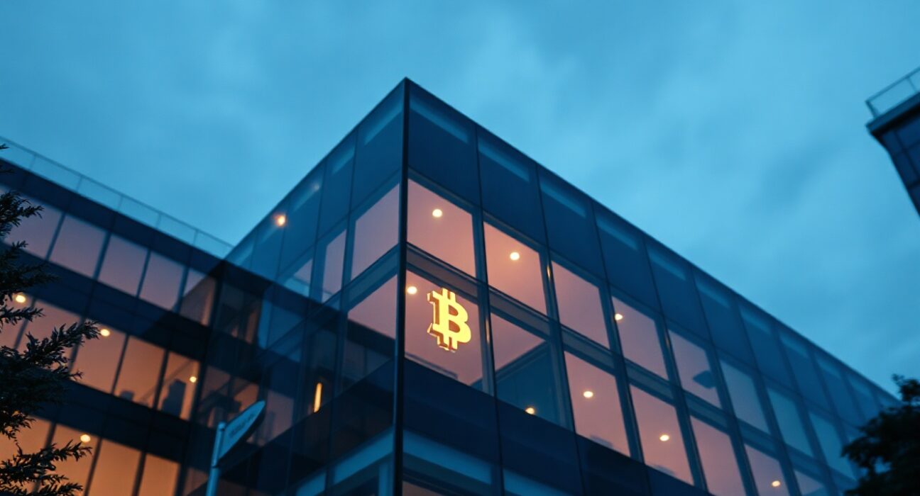 Modern office building at dusk with Bitcoin symbol in window representing Strive asset manager's crypto investment