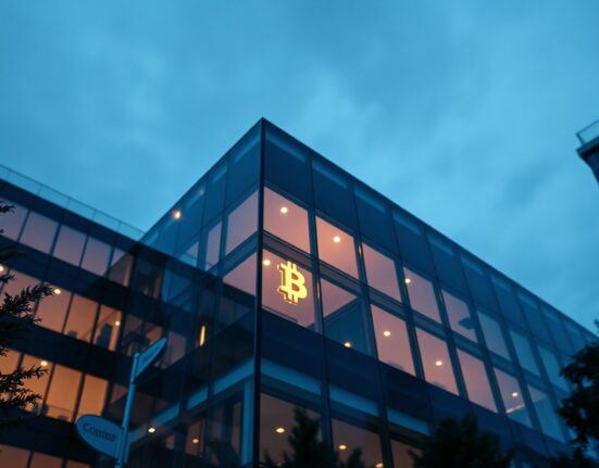 Modern office building at dusk with Bitcoin symbol in window representing Strive asset manager's crypto investment