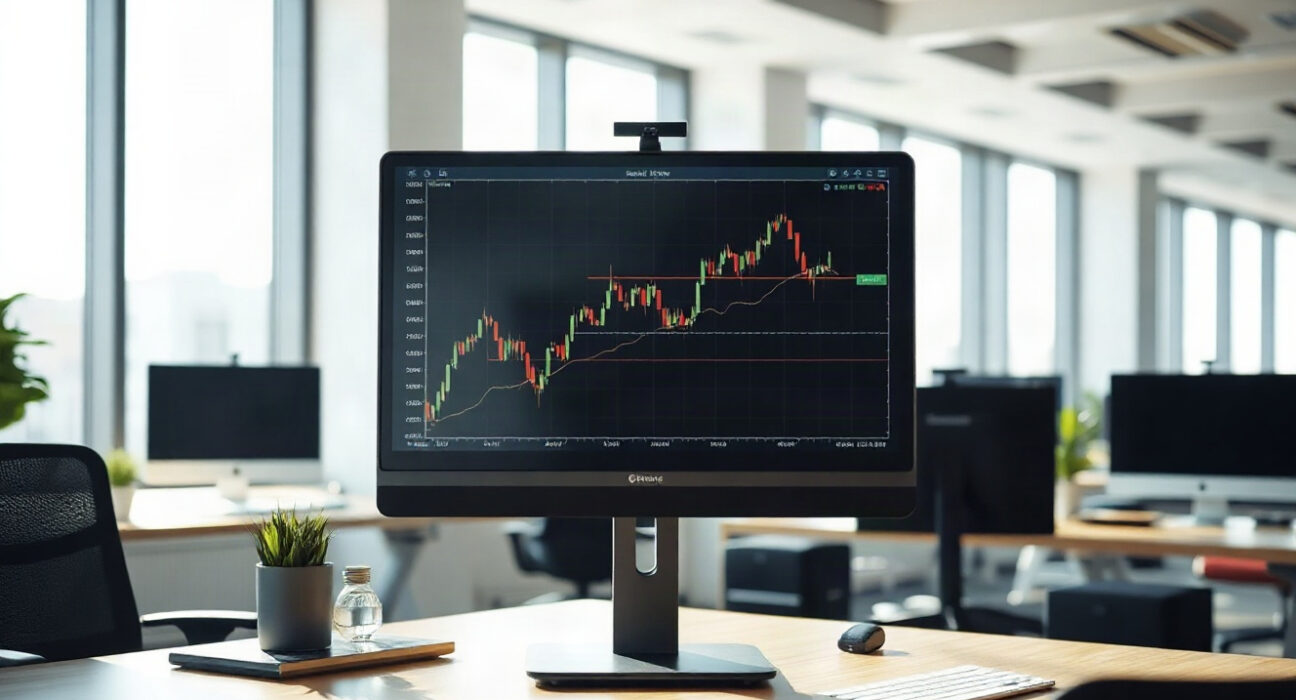 Financial analyst desk with Bitcoin chart on monitor in modern office