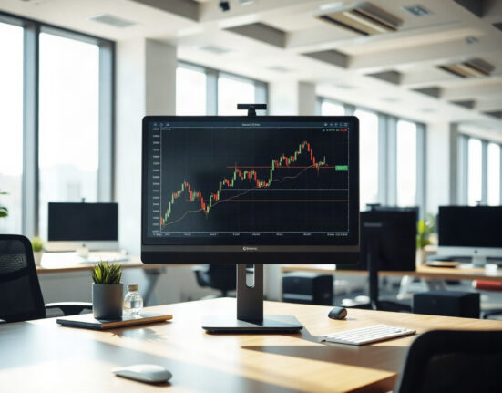 Financial analyst desk with Bitcoin chart on monitor in modern office
