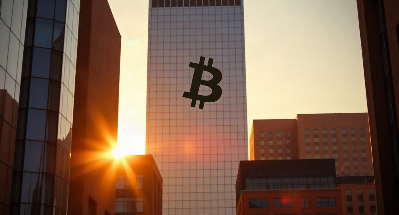Financial district skyline with a subtle Bitcoin symbol reflected on a glass building