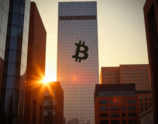 Financial district skyline with a subtle Bitcoin symbol reflected on a glass building