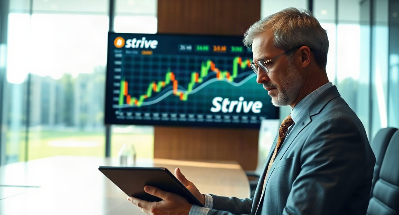 Financial analyst reviewing Bitcoin holdings data in a corporate office