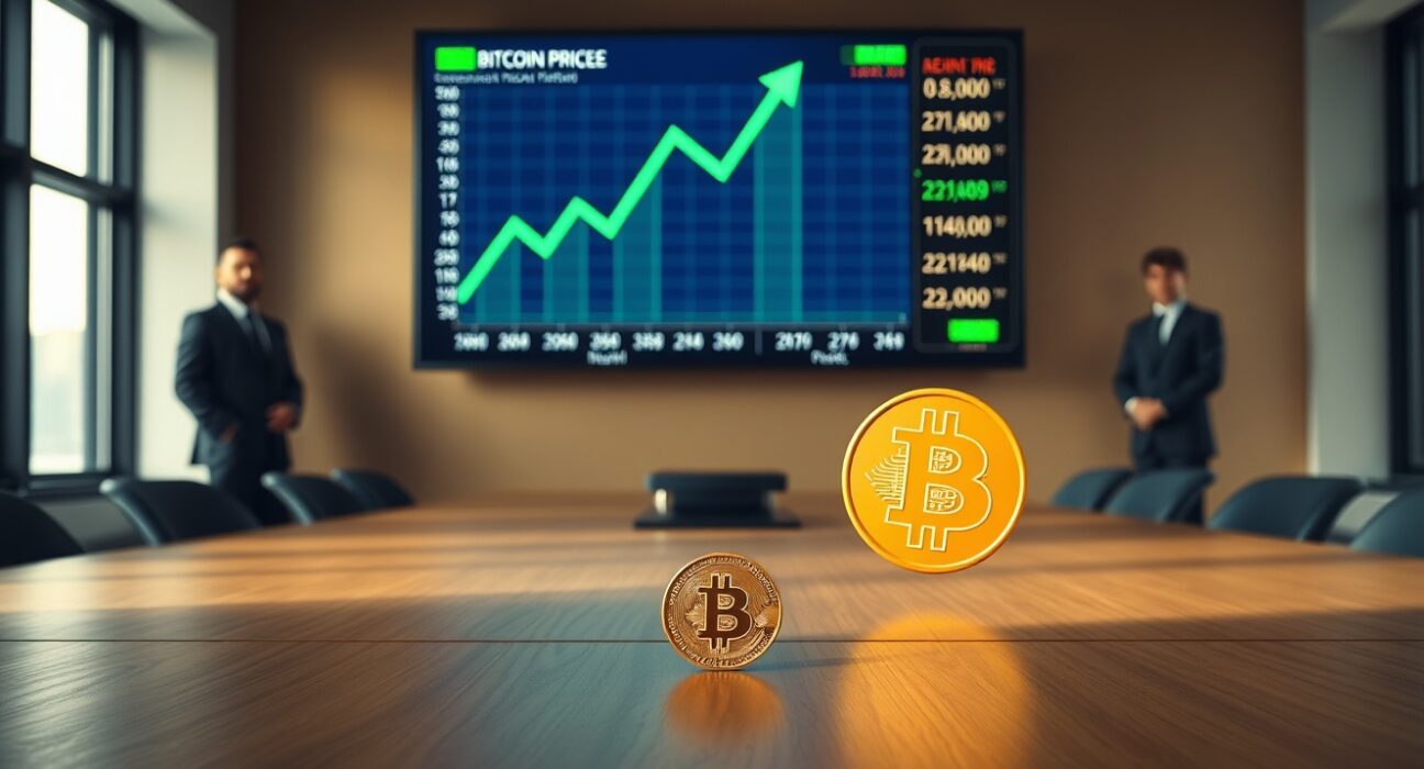 A Bitcoin coin on a boardroom table in front of a digital price chart, representing institutional investment.