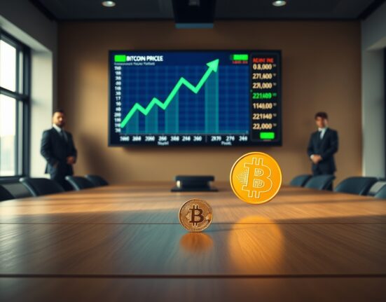 A Bitcoin coin on a boardroom table in front of a digital price chart, representing institutional investment.