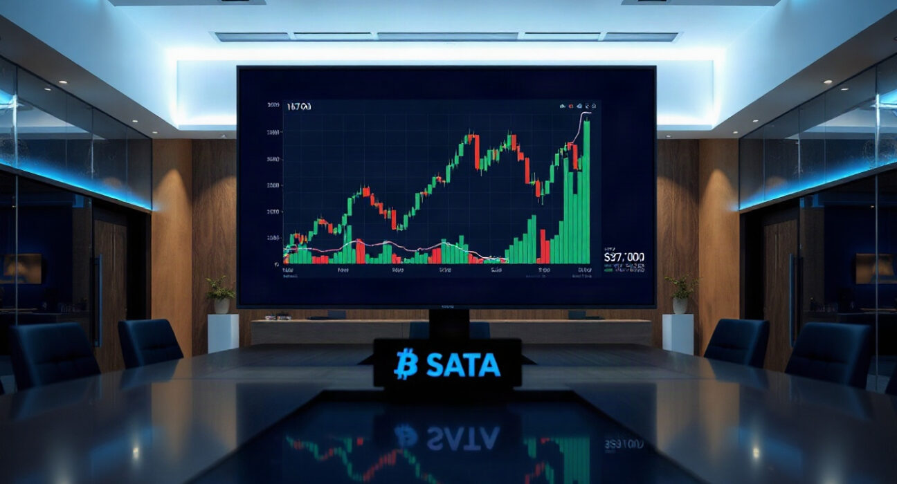 Digital screen showing Bitcoin chart and SATA ticker in a modern boardroom