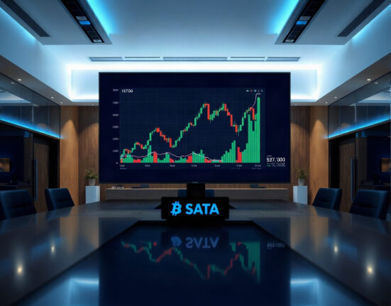 Digital screen showing Bitcoin chart and SATA ticker in a modern boardroom