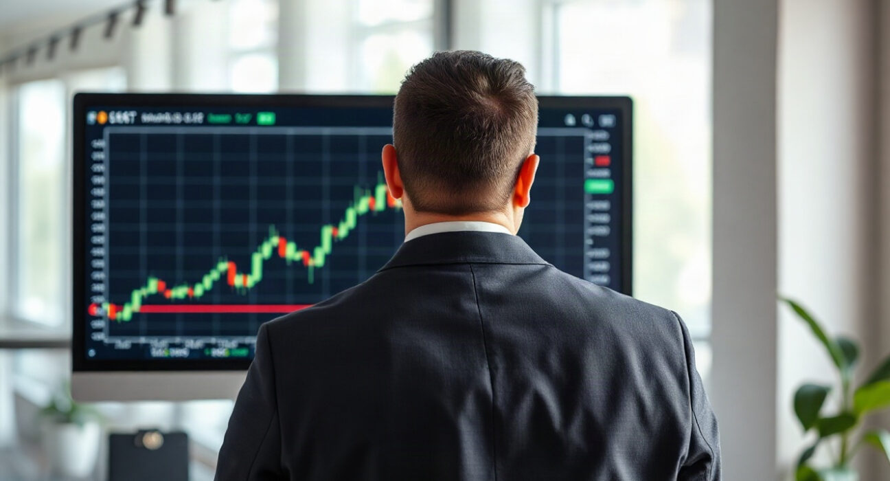 Financial analyst monitoring a rising stock chart on a computer screen in a modern office.