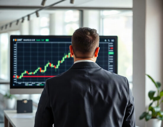 Financial analyst monitoring a rising stock chart on a computer screen in a modern office.