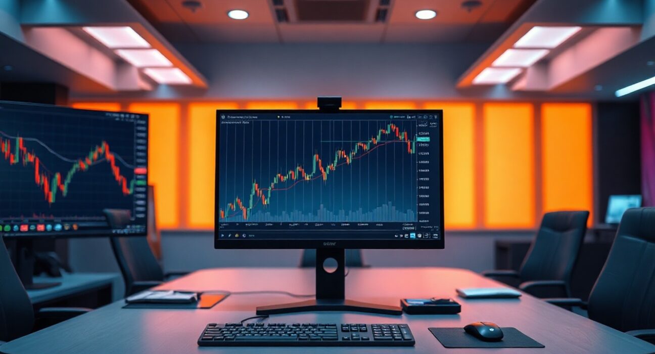 Bitcoin price chart on a trading monitor in a professional financial office setting