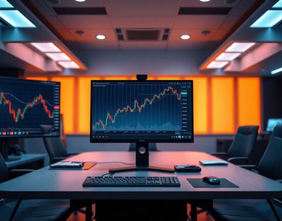 Bitcoin price chart on a trading monitor in a professional financial office setting